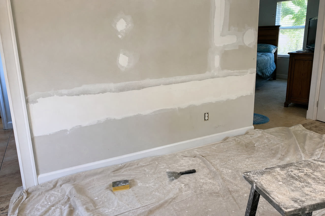 Drywall wall patch with joint compound during a Brevard County repair